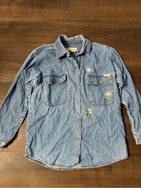 Vintage 90s Denim Shirt Embroidered Floral Chambray Button Up M